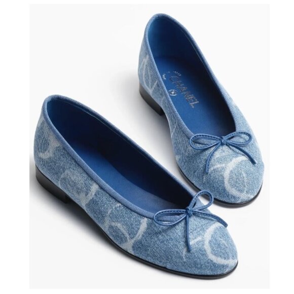 Chanel Denim Logo Ballet Ballerina Flats Sz 38 - Picture 1 of 7